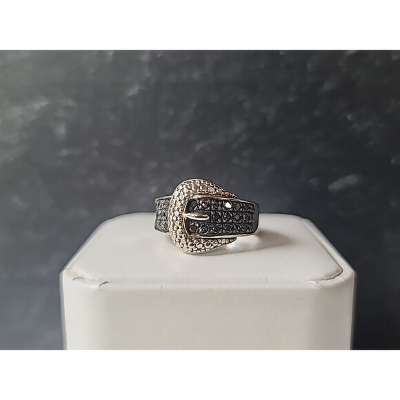 925 Sterling Silver Black Diamond Accent Buckle Ring Vintage, SIZE US 6 - Picture 4 of 10